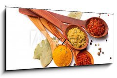 Obraz s hodinami 1D panorama - 120 x 50 cm F_AB62864850 - Spices and herbs. Curry, saffron, turmeric, cinnamon over white