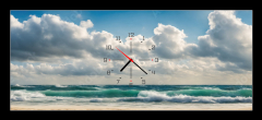 Obraz s hodinami 1D panorama - 120 x 50 cm F_AB629716136 - Ocean coast panorama in calm weather with small waves, blue sky, white clouds and bright sun. Seascape illustration. Generative AI