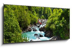 Obraz s hodinami 1D panorama - 120 x 50 cm F_AB63640355 - Vivid Swiss landscape with  pure river stream