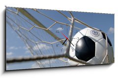 Obraz s hodinami 1D panorama - 120 x 50 cm F_AB638180 - football - soccer ball in goal - Fotbal