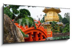 Obraz s hodinami 1D panorama - 120 x 50 cm F_AB63996525 - The Golden pavilion and red bridge in Nan Lian Garden, Hong Kong - Zlat pavilon a erven most v Nan Lian Garden, Hong Kong