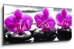 Obraz s hodinami   Three orchid flower and stones with reflection in water drops, 120 x 50 cm
