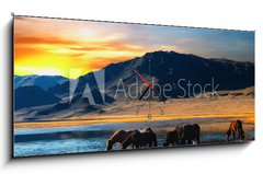 Obraz s hodinami 1D panorama - 120 x 50 cm F_AB6438532 - Herd of horses in mongolian wilderness - Stádo koní v mongolské poušti
