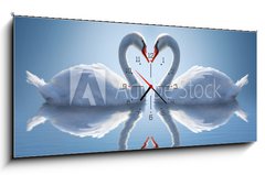 Obraz s hodinami 1D panorama - 120 x 50 cm F_AB64665042 - Romantic two swans, symbol of love. - Romantické dvě labutě, symbol lásky.