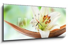 Obraz s hodinami 1D - 120 x 50 cm F_AB64734050 - Beautiful white lily flower on a coco palm leaf - Krásná bílá lilie květ na kokosovém palmovém listu