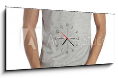 Obraz s hodinami 1D panorama - 120 x 50 cm F_AB65658048 - man wearing blank t-shirt. Isolated on white. - muž nosí prázdné t