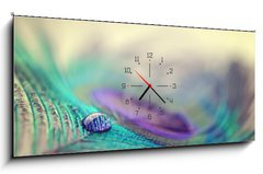 Obraz s hodinami 1D - 120 x 50 cm F_AB67250571 - Peacock feather and drop - Pávové peří a pádu