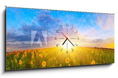 Obraz s hodinami   Morning sunflower field, 120 x 50 cm