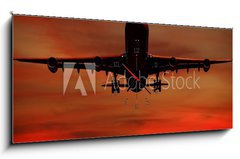 Obraz s hodinami 1D panorama - 120 x 50 cm F_AB6755402 - Air travel - Silhouett of plane and sunset - Leteck doprava