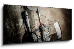 Obraz s hodinami 1D panorama - 120 x 50 cm F_AB67787115 - wine glass bottle and barrel - vno a sklenice na vno