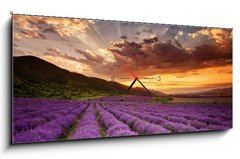 Obraz s hodinami 1D panorama - 120 x 50 cm F_AB68260251 - Stunning landscape with lavender field at sunrise - Ohromující krajina s levandulem pole při východu slunce