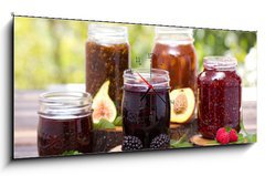 Obraz s hodinami 1D panorama - 120 x 50 cm F_AB69328098 - Homemade fruit jam in the jar - Domácí džem v džbánku