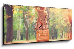 Obraz s hodinami 1D panorama - 120 x 50 cm F_AB69484488 - Redhead girl with suitcase in the autumn park.