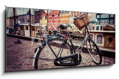 Obraz s hodinami 1D panorama - 120 x 50 cm F_AB69979170 - Classic vintage retro city bicycle in Copenhagen, Denmark - Klasické vintage retro městské kolo v Kodani, Dánsko
