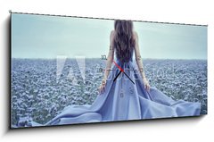Obraz s hodinami 1D panorama - 120 x 50 cm F_AB70223866 - Back view of standing young woman in blue dress