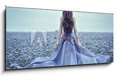 Obraz s hodinami 1D panorama - 120 x 50 cm F_AB70223866 - Back view of standing young woman in blue dress - Zadní pohled na stojící mladá žena v modrých šatech