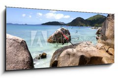 Obraz s hodinami 1D panorama - 120 x 50 cm F_AB70569144 - beach in Seychelles islands - pláž na Seychelských ostrovech