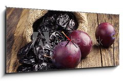 Obraz s hodinami 1D panorama - 120 x 50 cm F_AB70640969 - Prunes with plums in small sack - Slivky se vestkami v malm pytli