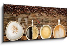 Obraz s hodinami 1D panorama - 120 x 50 cm F_AB70894369 - Variety of cups of coffee and coffee beans on old wooden table