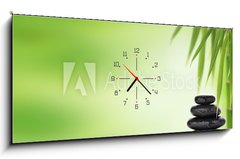 Obraz s hodinami 1D panorama - 120 x 50 cm F_AB71092838 - Spa background with stacked massage stones and bamboo - Lázně pozadí s skládané masážní kameny a bambus