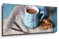 Obraz s hodinami 1D panorama - 120 x 50 cm F_AB71101894 - Cups of coffee with cookies and napkin on wooden table - lek kvy s cookies a ubrousek na devnm stole