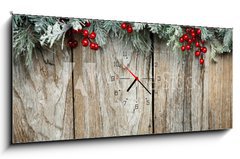 Obraz s hodinami   Christmas fir tree on wooden background, 120 x 50 cm