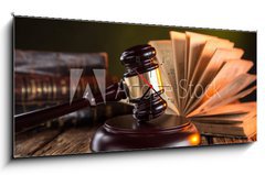 Obraz s hodinami 1D panorama - 120 x 50 cm F_AB71289049 - Wooden gavel and books on wooden table, law concept - Dřevěná palička a knihy na dřevěném stole, koncept práva