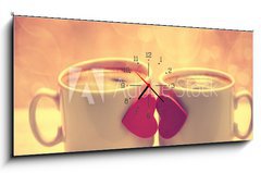 Obraz s hodinami 1D panorama - 120 x 50 cm F_AB71449240 - Two coffee cups with red hearts as a kissing lips - Dva kávové šálky s červenými srdci jako líbání rty