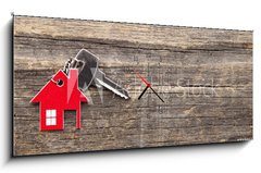 Obraz s hodinami 1D - 120 x 50 cm F_AB72381127 - Symbol of the house with silver key on vintage wooden background - Symbol domu se stříbrným klíčem na vinobraní dřevěné pozadí