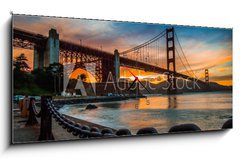 Obraz s hodinami   burning sky over Golden gate Bridge, 120 x 50 cm