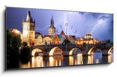 Obraz s hodinami 1D panorama - 120 x 50 cm F_AB72517073 - Prague bridge at storm