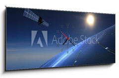 Obraz s hodinami 1D panorama - 120 x 50 cm F_AB72660861 - Solarzellen mit Satelliten im Hintergrund - Solární články se satelity v pozadí