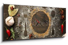 Obraz s hodinami 1D panorama - 120 x 50 cm F_AB73223520 - Spices on table with cutlery silhouette, close-up