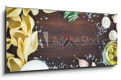 Obraz s hodinami   Pasta ingredients: conchiglioni,mushrooms, a jug of cream, olive, 120 x 50 cm