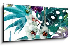 Obraz s hodinami 1D panorama - 120 x 50 cm F_AB74294366 - pattern orchid hibiscus leaves watercolor tropics - vzorek orchidea ibišek opouští vodní barvy tropů