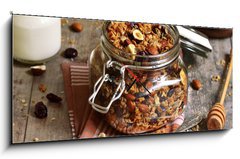 Obraz s hodinami 1D panorama - 120 x 50 cm F_AB75130812 - Granola in a glass jar. - Granola ve skleněné nádobě.