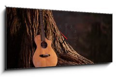 Obraz s hodinami 1D panorama - 120 x 50 cm F_AB75669233 - Wooden Acoustic Guitar