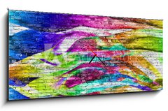 Obraz s hodinami 1D - 120 x 50 cm F_AB76004024 - abstract colorful painting over brick wall - abstraktní barevný obraz přes cihlovou zeď