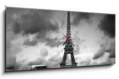 Obraz s hodinami 1D panorama - 120 x 50 cm F_AB76327230 - Effel Tower, Paris, France and retro red car. Black and white