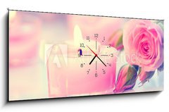 Obraz s hodinami   Valentine`s Day. Pink heart shaped candles and rose flowers, 120 x 50 cm