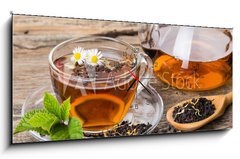 Obraz s hodinami 1D panorama - 120 x 50 cm F_AB76902225 - Tea composition with mint leaf on wooden palette - Kompozice aje s listovm mtou na devn palet