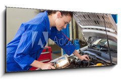 Obraz s hodinami   Mechanic examining under hood of car with torch, 120 x 50 cm