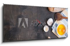 Obraz s hodinami 1D panorama - 120 x 50 cm F_AB77487902 - Baking background with eggshell, bread, flour, rolling pin - Peen pozad s vejcem, chlebem, moukou, vlekem