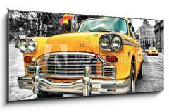 Obraz s hodinami 1D panorama - 120 x 50 cm F_AB77528856 - Vintage Yellow Cab in Lower Manhattan - New York City - Klasick lut kabina v Dolnm Manhattanu