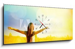 Obraz s hodinami   Free Happy Woman Enjoying Nature. Beauty Girl Outdoor., 120 x 50 cm