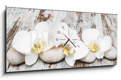Obraz s hodinami 1D panorama - 120 x 50 cm F_AB78194063 - beautiful orchid with stones - krásná orchidej s kameny