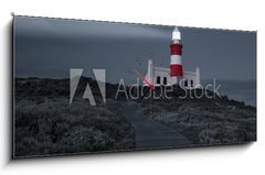 Obraz s hodinami 1D - 120 x 50 cm F_AB78333041 - Lighthouse with shining light in darkness and dark blue clouds a - Maják se zářícím světlem ve tmě a tmavě modrými oblaky a