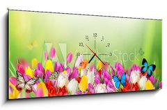 Obraz s hodinami   Beautiful bouquet of tulips., 120 x 50 cm