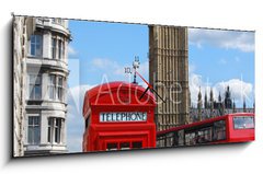 Obraz s hodinami 1D panorama - 120 x 50 cm F_AB78676038 - Telephone box, Big Ben and double decker bus in London