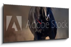 Obraz s hodinami 1D - 120 x 50 cm F_AB78859419 - Beautiful black stallion run in desert dust against sunset sky